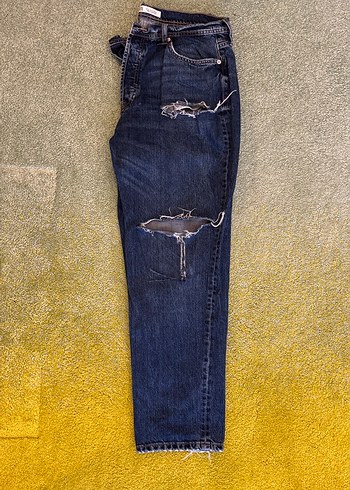 Erkek Zara Bol Kesim Ripped Midi Kot Pantolon - Görsel 2