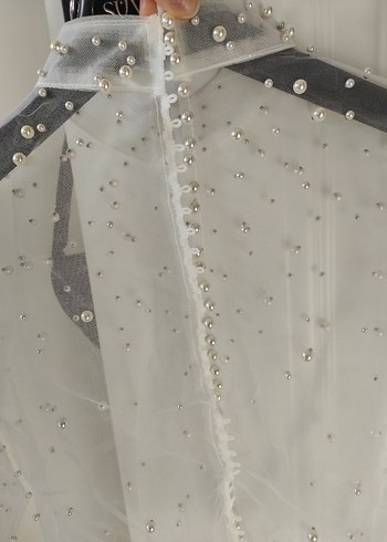 Boncuk İşlemeli transparan Uzun Kollu Mini Bluz - Görsel 3