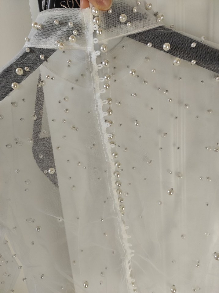 Boncuk İşlemeli transparan Uzun Kollu Mini Bluz - Görsel 3