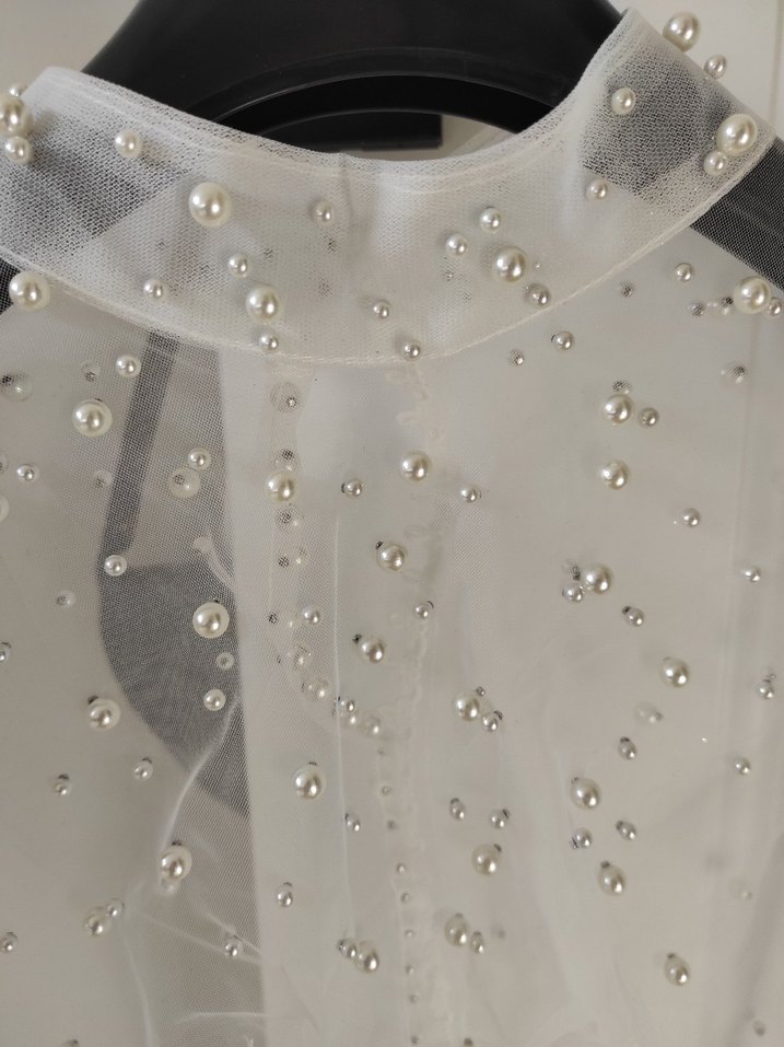 Boncuk İşlemeli transparan Uzun Kollu Mini Bluz - Görsel 2