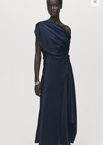 Lacivert Drapeli Tek Omuz Uzun Elbise - Görsel 2