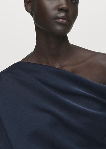 Lacivert Drapeli Tek Omuz Uzun Elbise - Görsel 4