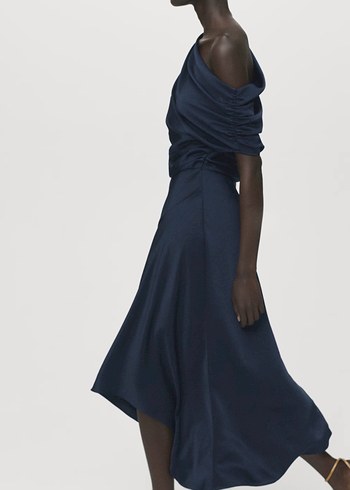 Lacivert Drapeli Tek Omuz Uzun Elbise - Görsel 5