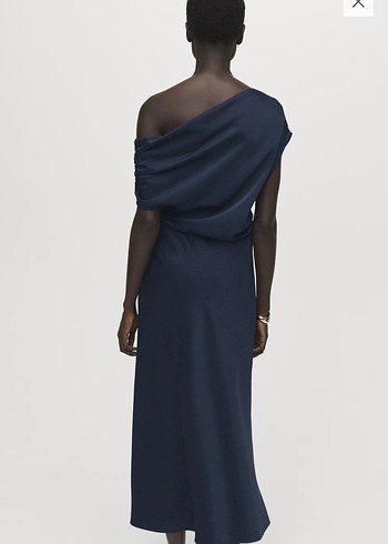 Lacivert Drapeli Tek Omuz Uzun Elbise - Görsel 3