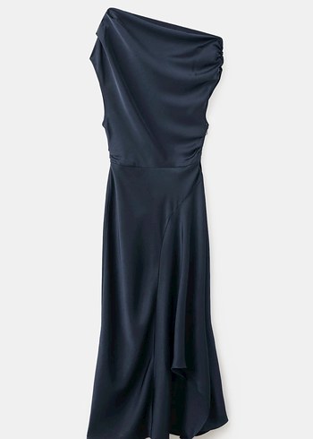 Lacivert Drapeli Tek Omuz Uzun Elbise - Görsel 6