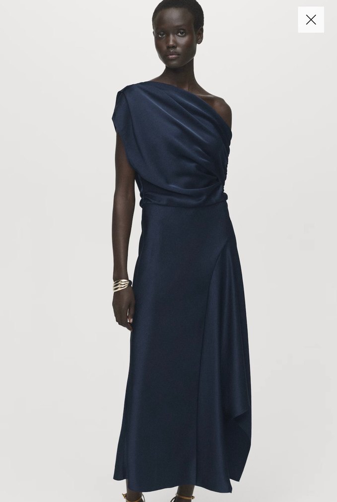 Lacivert Drapeli Tek Omuz Uzun Elbise - Görsel 2