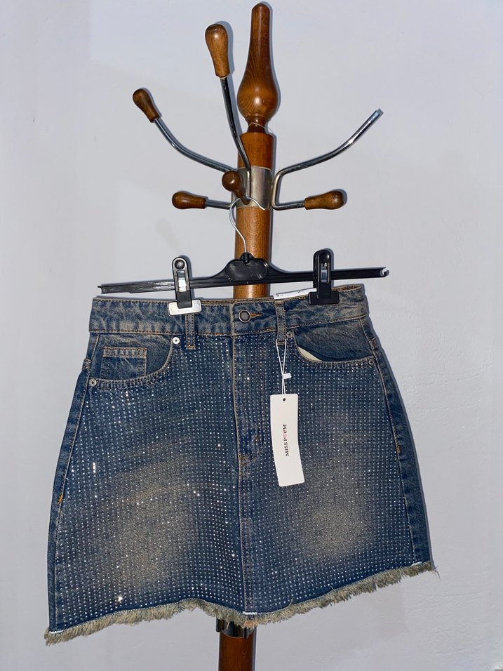 Parıltı Detaylı Mavi Denim Mini Etek - Görsel 2