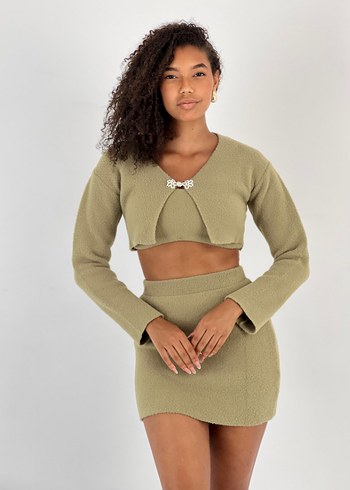 Kızlar için Bej Triko Bolero ve Etek Takımı - Görsel 4