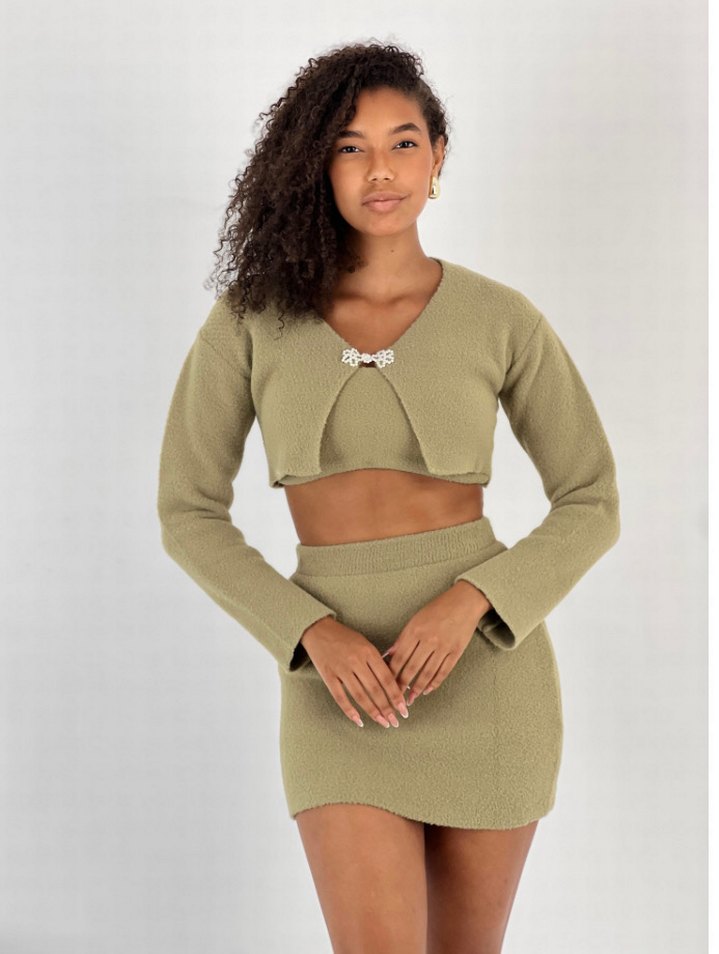 Kızlar için Bej Triko Bolero ve Etek Takımı - Görsel 4