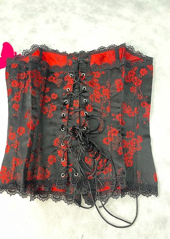 Düğmeli Kırmızı Çiçek Desenli Gotik Straplez Büstiyer - Görsel 3