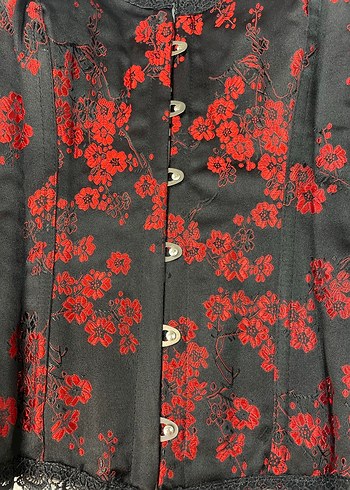 Düğmeli Kırmızı Çiçek Desenli Gotik Straplez Büstiyer - Görsel 2