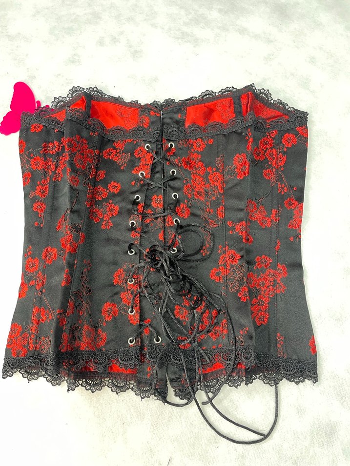 Düğmeli Kırmızı Çiçek Desenli Gotik Straplez Büstiyer - Görsel 3