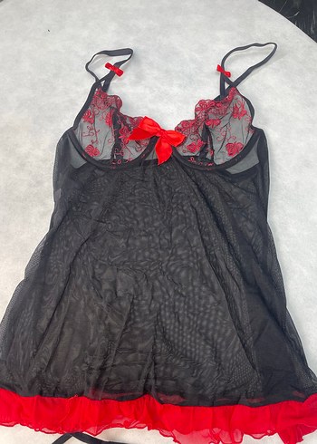 Kırmızı Nakışlı Gotik İp Askılı Kadın Gecelik - Görsel 2