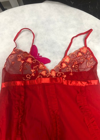 Kırmızı Nakışlı Mini İnce Askılı Gecelik - Görsel 4