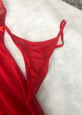 Kırmızı Nakışlı Mini İnce Askılı Gecelik - Görsel 5