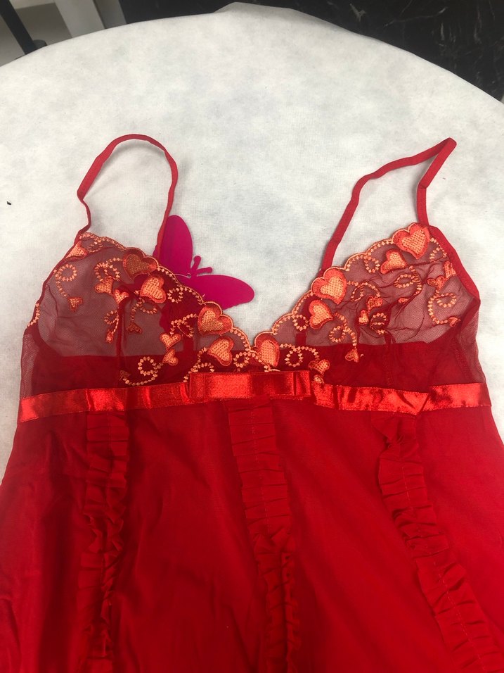 Kırmızı Nakışlı Mini İnce Askılı Gecelik - Görsel 4