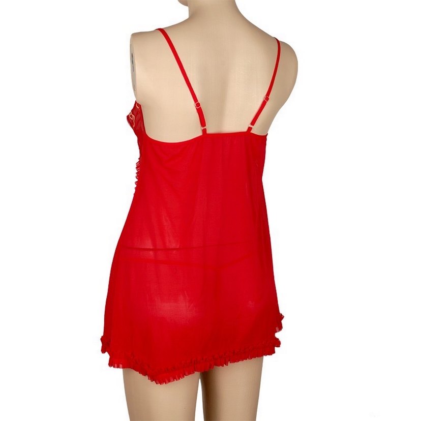 Kırmızı Nakışlı Mini İnce Askılı Gecelik - Görsel 2