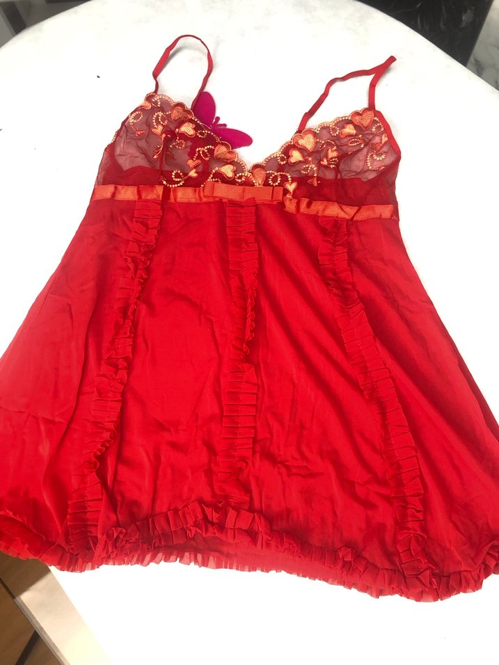 Kırmızı Nakışlı Mini İnce Askılı Gecelik - Görsel 3