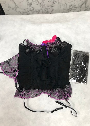 Mor Nakışlı Gotik Dantelli Jartiyer Takım - Görsel 5