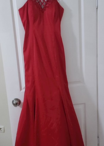 Kırmızı Drapeli Uzun Abiye Elbise - Görsel 3