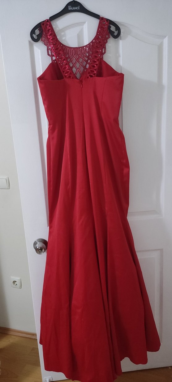 Kırmızı Drapeli Uzun Abiye Elbise - Görsel 4