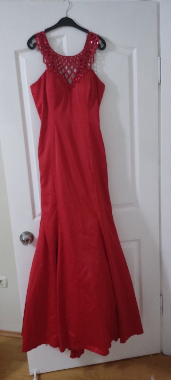 Kırmızı Drapeli Uzun Abiye Elbise - Görsel 3