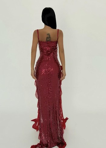 Parlak Kırmızı paxton payetli uzun yırtmaçlı Elbise - Görsel 3