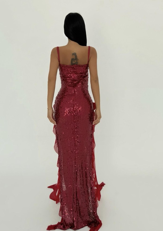 Parlak Kırmızı paxton payetli uzun yırtmaçlı Elbise - Görsel 3