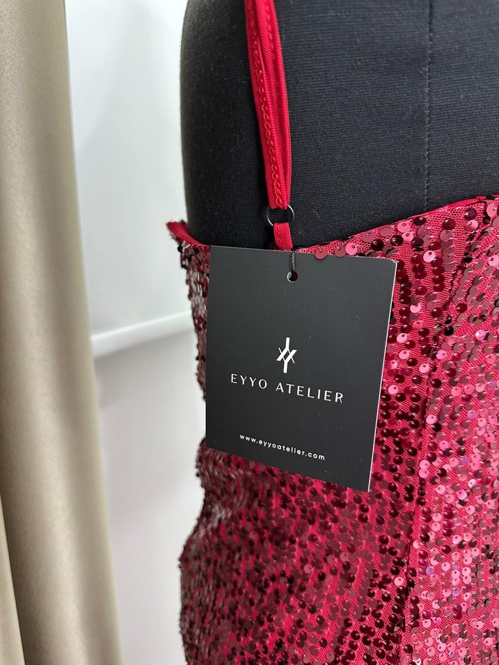 Parlak Kırmızı paxton payetli uzun yırtmaçlı Elbise - Görsel 5