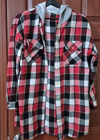 Kadın Kırmızı Ekose Kapşonlu Gömlek - Görsel 2