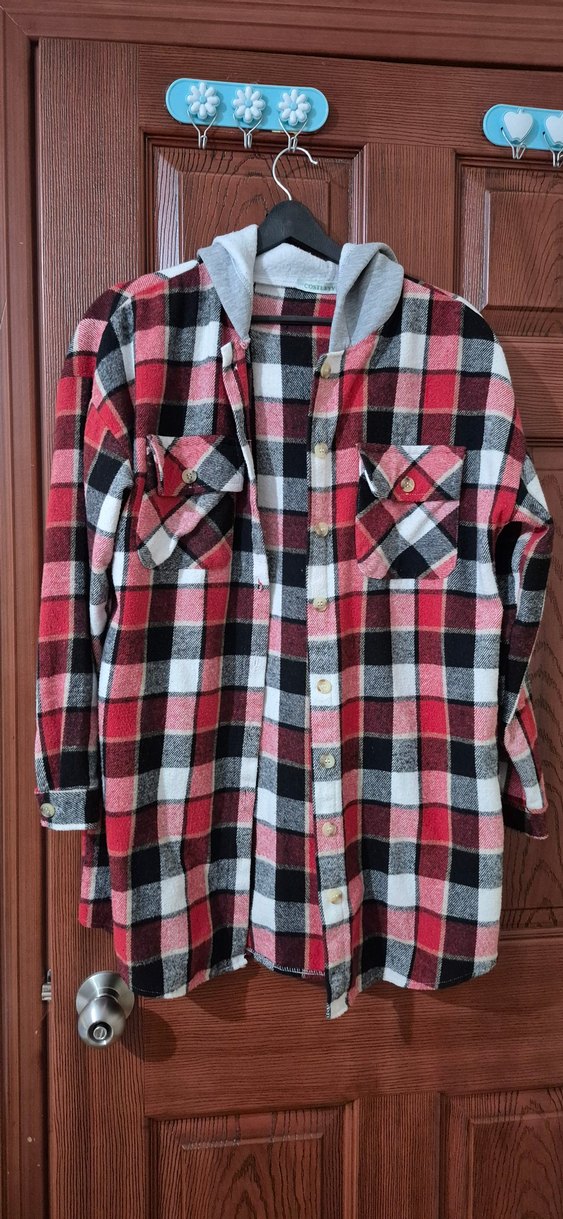 Kadın Kırmızı Ekose Kapşonlu Gömlek - Görsel 2