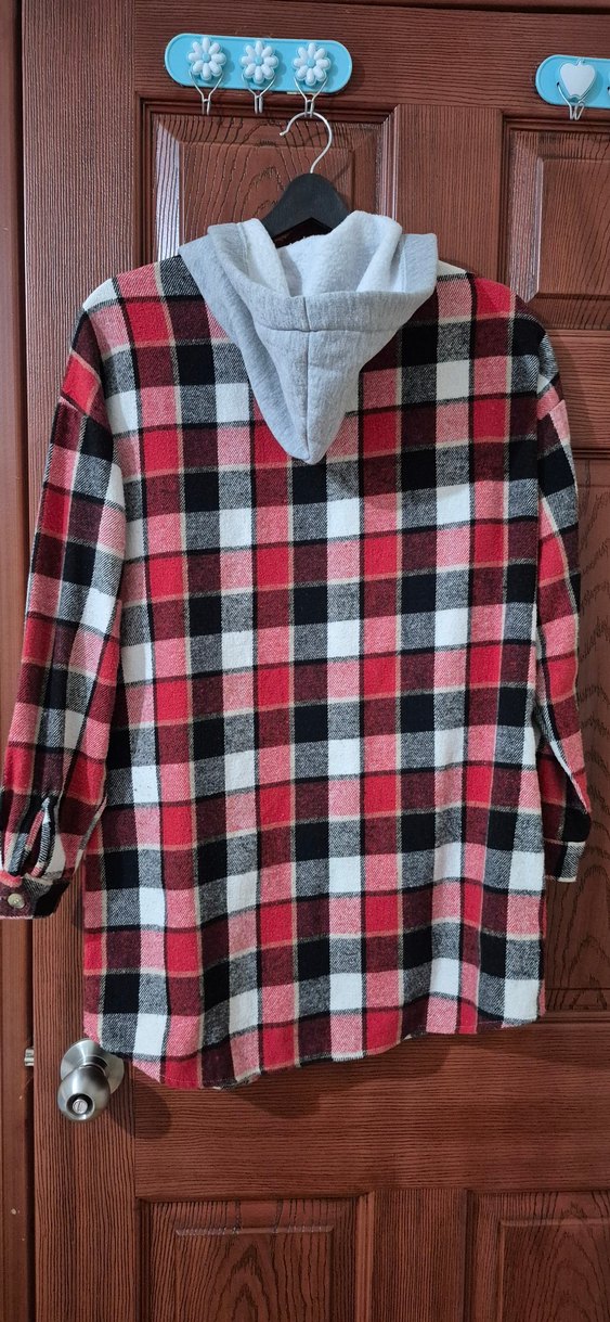 Kadın Kırmızı Ekose Kapşonlu Gömlek - Görsel 3