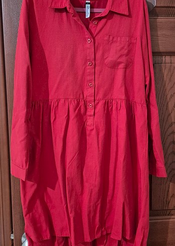 Düğmeli Kırmızı Uzun Keten Tunik - Görsel 3