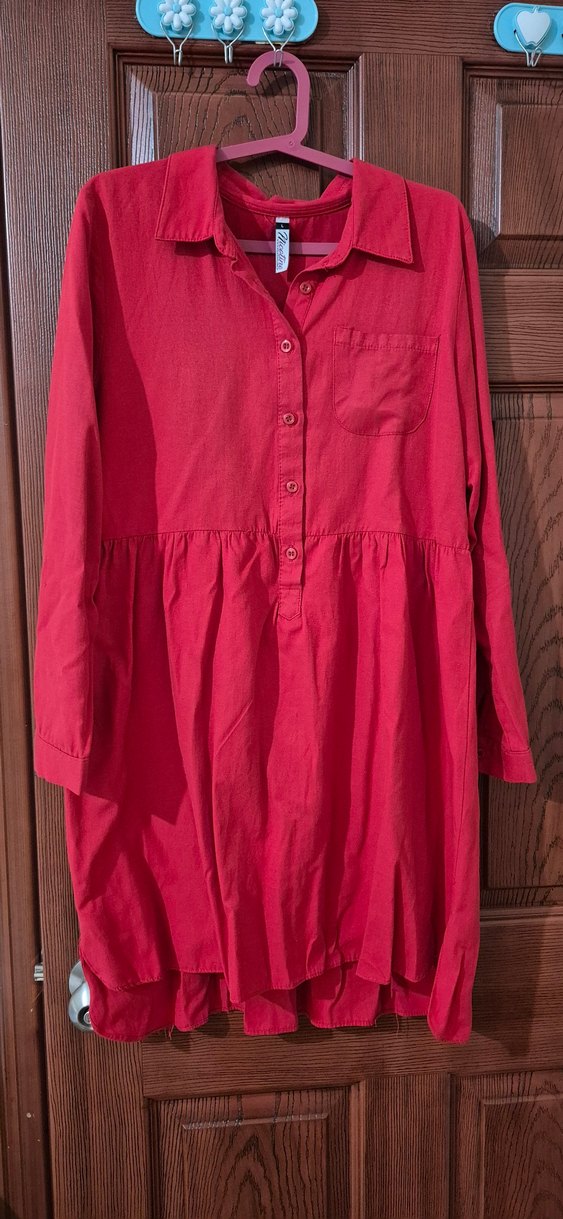 Düğmeli Kırmızı Uzun Keten Tunik - Görsel 3