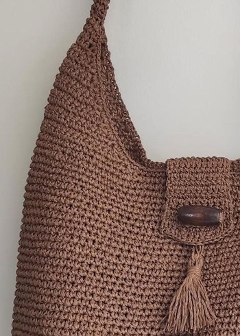 Püsküllü Kahverengi Kağıt İp Örgü Kadın Çanta - Görsel 2