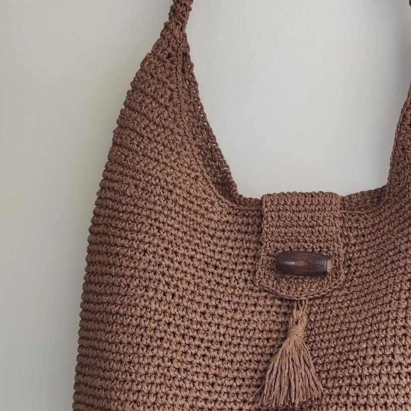 Püsküllü Kahverengi Kağıt İp Örgü Kadın Çanta - Görsel 2