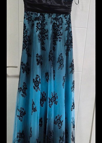 Siyah Kemerli Turkuaz Straplez Gotik Abiye - Görsel 2