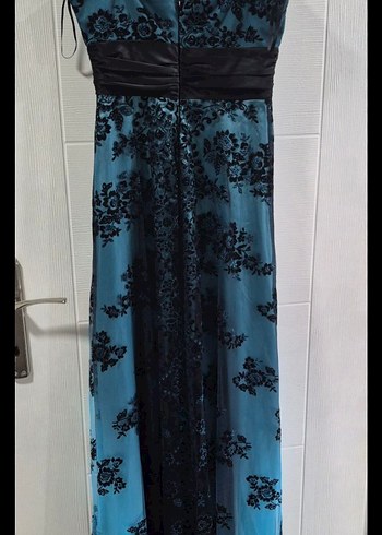 Siyah Kemerli Turkuaz Straplez Gotik Abiye - Görsel 4