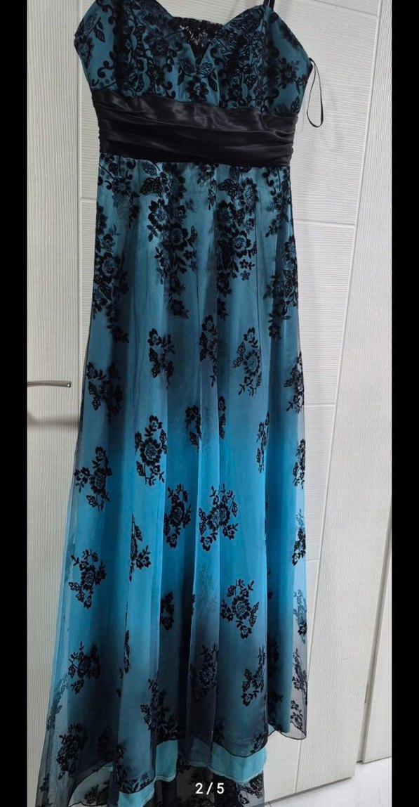 Siyah Kemerli Turkuaz Straplez Gotik Abiye - Görsel 2