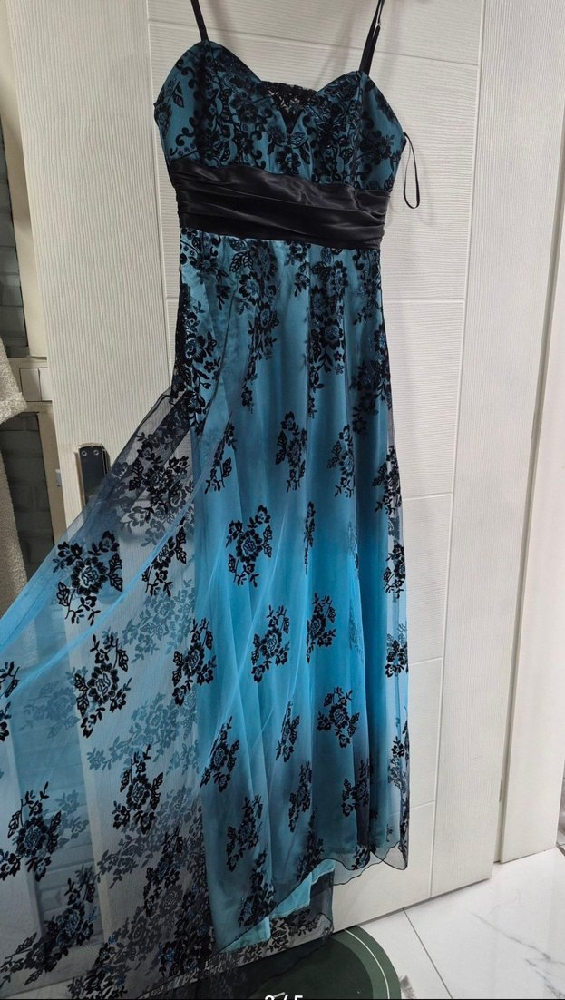 Siyah Kemerli Turkuaz Straplez Gotik Abiye - Görsel 3