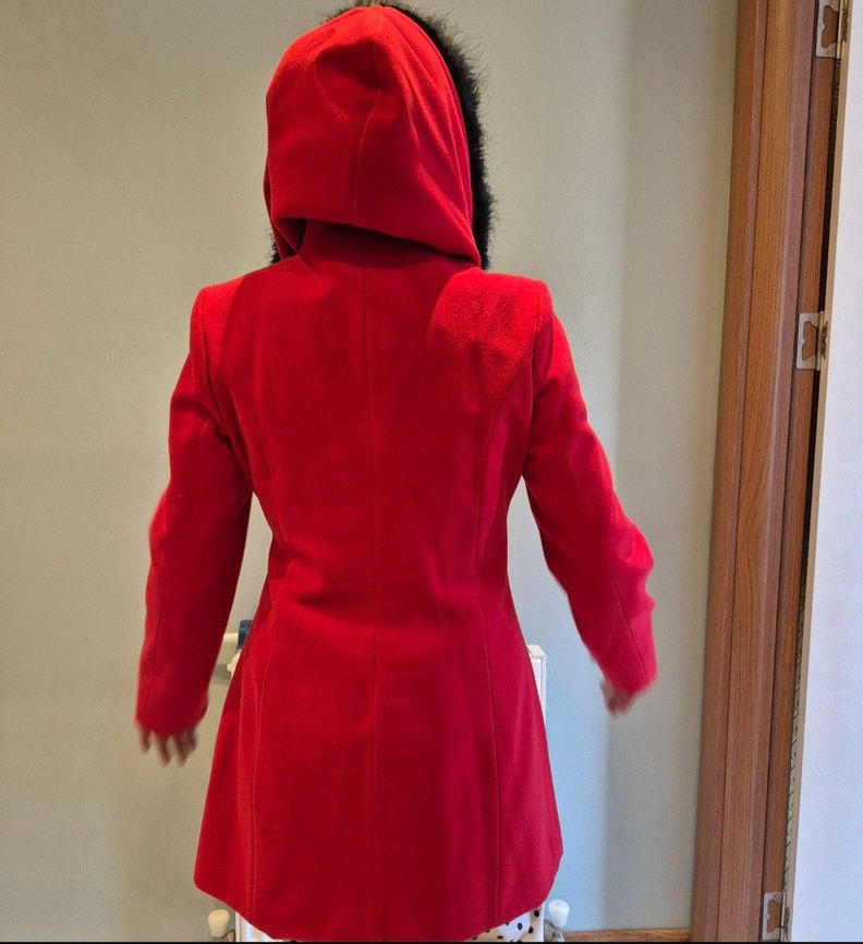 Kırmızı Yakası Siyah Tüylü Kaban - Görsel 3