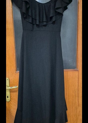 Volanlı Siyah Uzun Straplez Elbise - Görsel 2