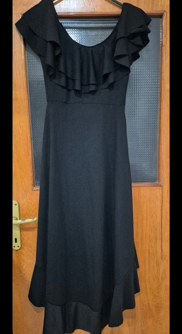 Volanlı Siyah Uzun Straplez Elbise - Görsel 2