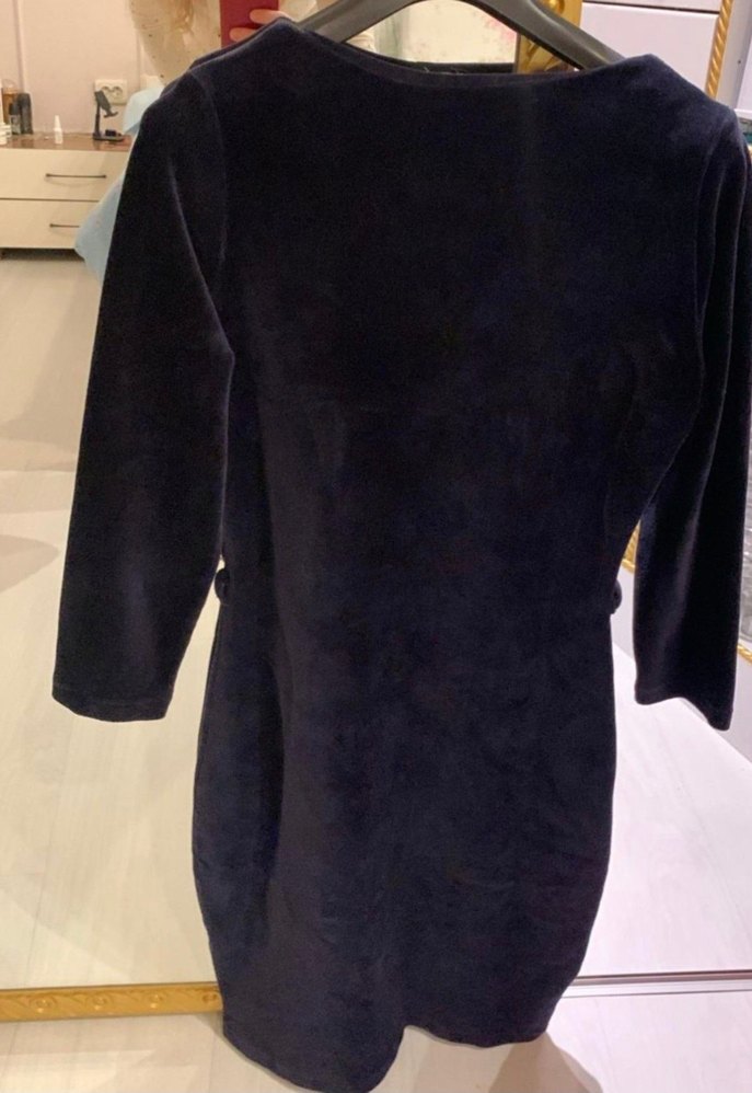 V Yaka Lacivert Kadife Elbise - Görsel 3