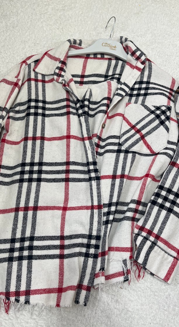 Kadın ekose Gri Beyaz Kareli Uzun Kollu Gömlek - Görsel 3