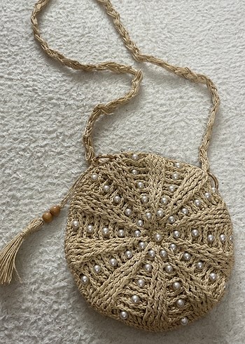 Boncuk İşlemeli Bej Örgü Kadın Çapraz Çanta - Görsel 3