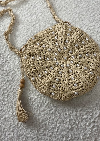 Boncuk İşlemeli Bej Örgü Kadın Çapraz Çanta - Görsel 2