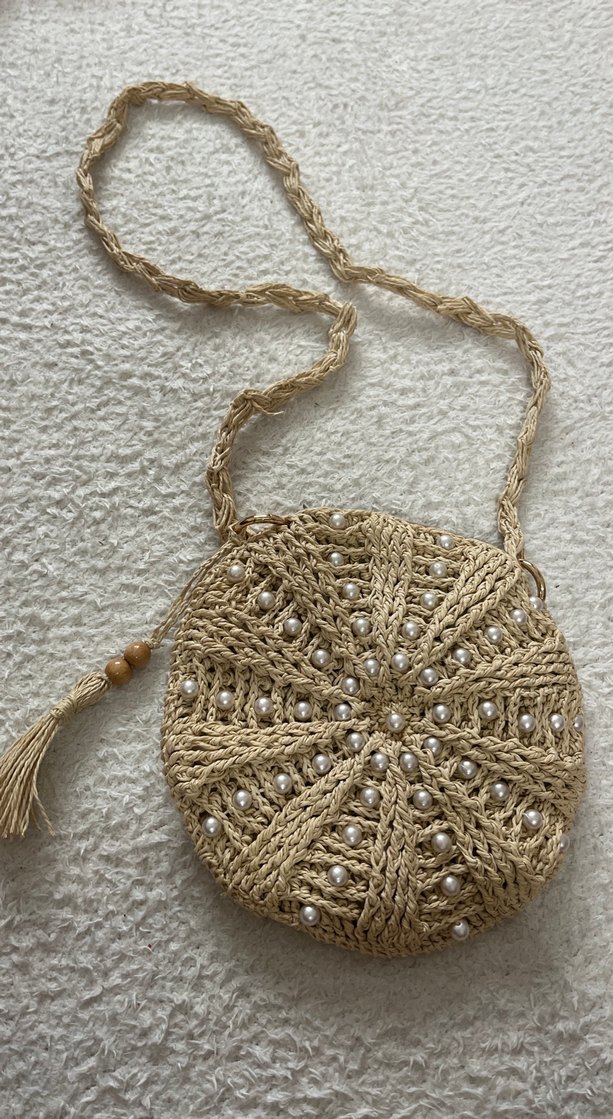 Boncuk İşlemeli Bej Örgü Kadın Çapraz Çanta - Görsel 3