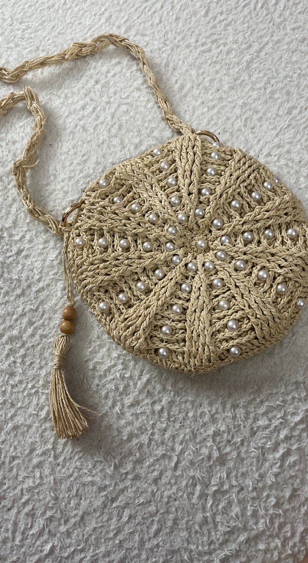 Boncuk İşlemeli Bej Örgü Kadın Çapraz Çanta - Görsel 2