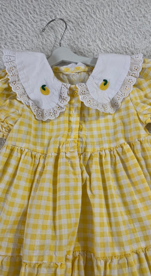 Sarı Kız Çocuk Nakışlı Fırfırlı Elbise - Görsel 2